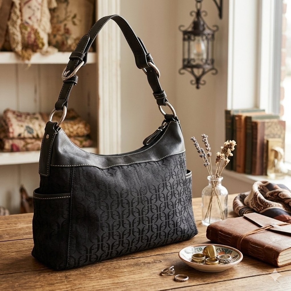 💥🏷️ Fossil Vintage Shoulder Bag Black Signature Monogram Jacquard Leather Y2K